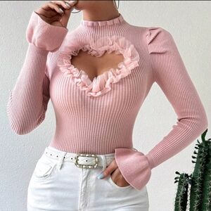 Pink Ribbed Long Sleeve Top with Heart Cutout